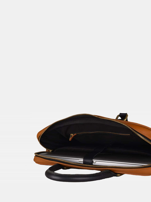 Leather Laptop Bag - Tan/Black